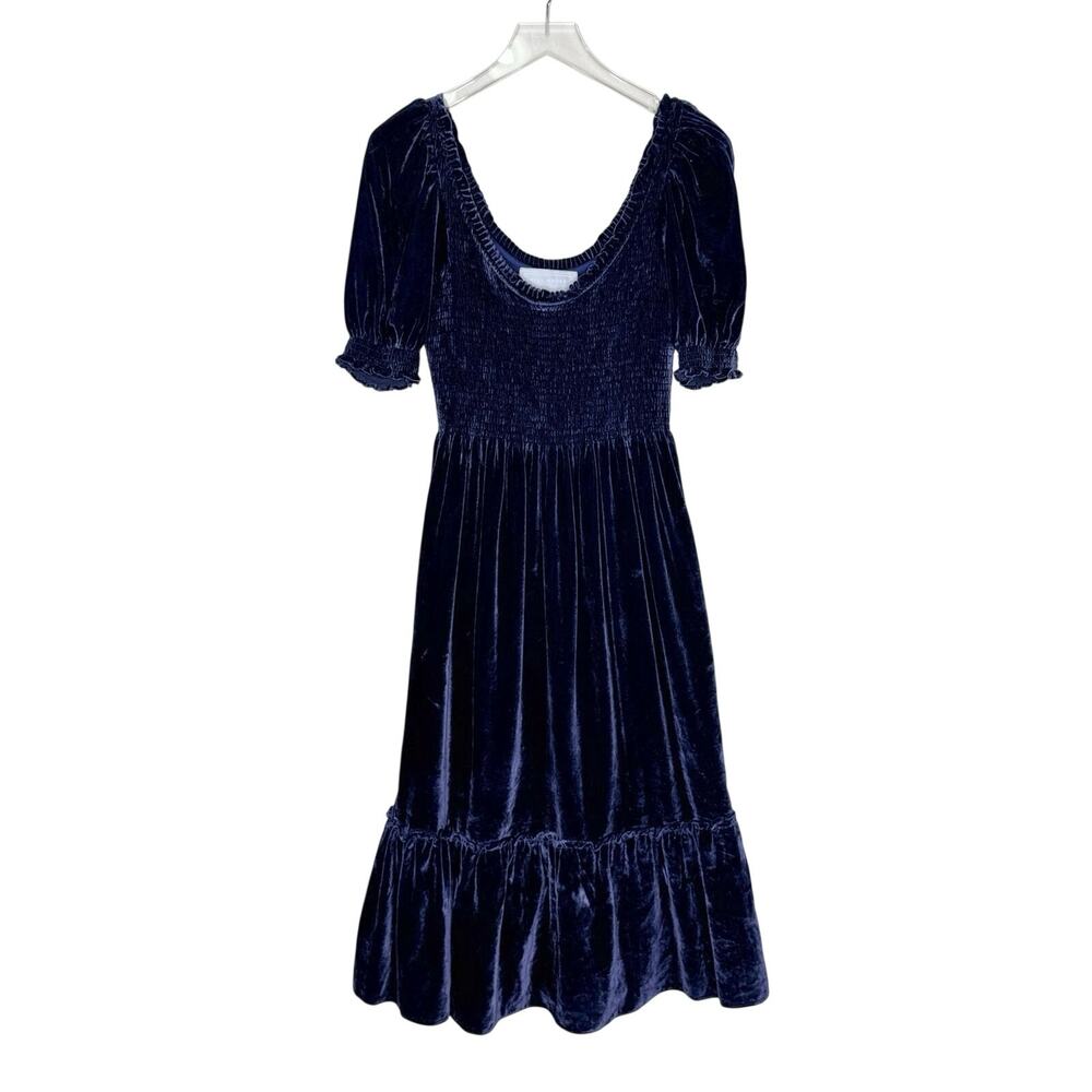 Hill House The Louisa Nap Dress M Navy Velvet Smocked Party Ruffle